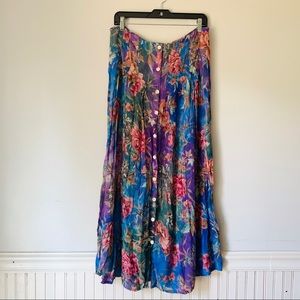 VTG Floral Gauze Button BOHO Midi Flouncy Skirt